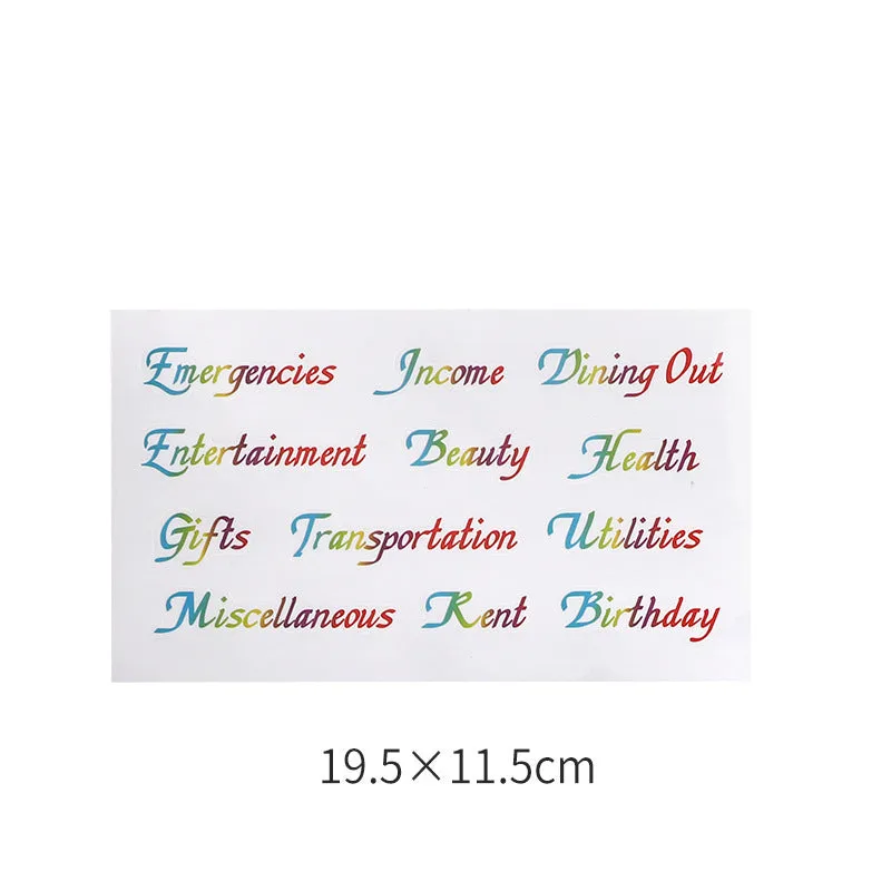 Assortment of handwritten labels, grid stickers, A6 rulers, and coloured sticky notes on a white background.