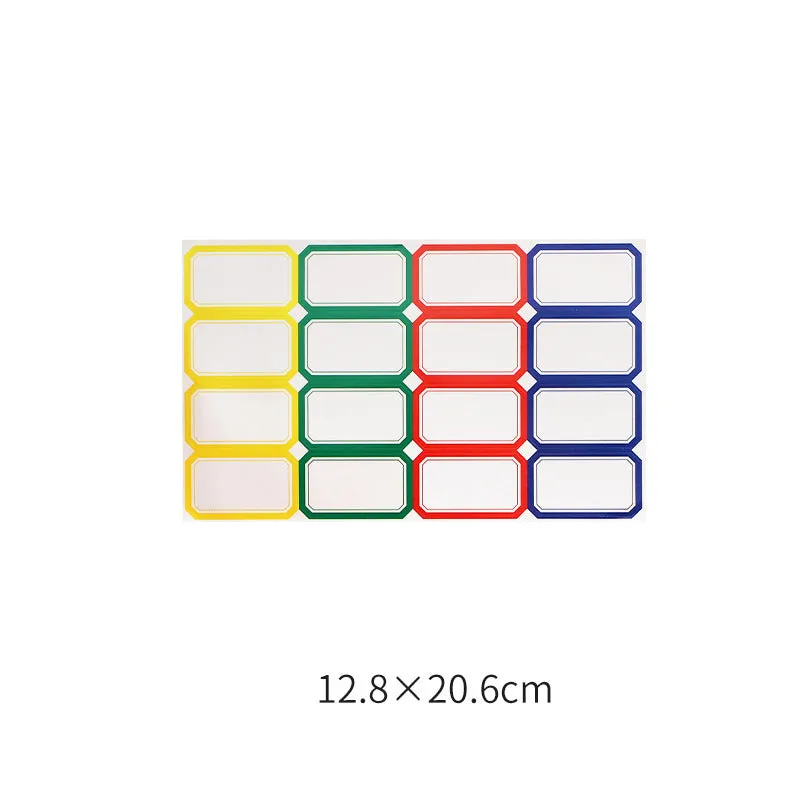Assortment of handwritten labels, grid stickers, A6 rulers, and coloured sticky notes on a white background.
