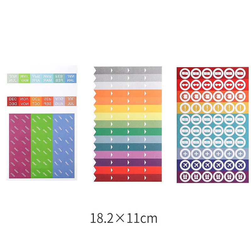Assortment of handwritten labels, grid stickers, A6 rulers, and coloured sticky notes on a white background.
