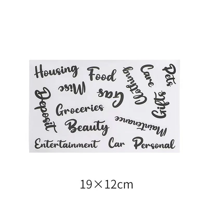 Assortment of handwritten labels, grid stickers, A6 rulers, and coloured sticky notes on a white background.