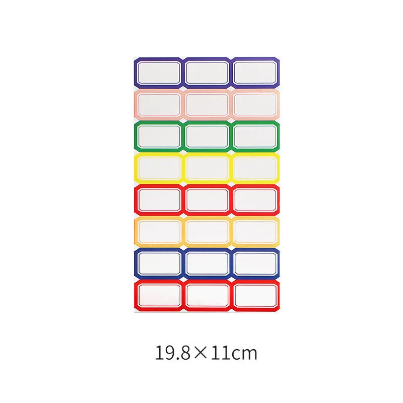 Assortment of handwritten labels, grid stickers, A6 rulers, and coloured sticky notes on a white background.