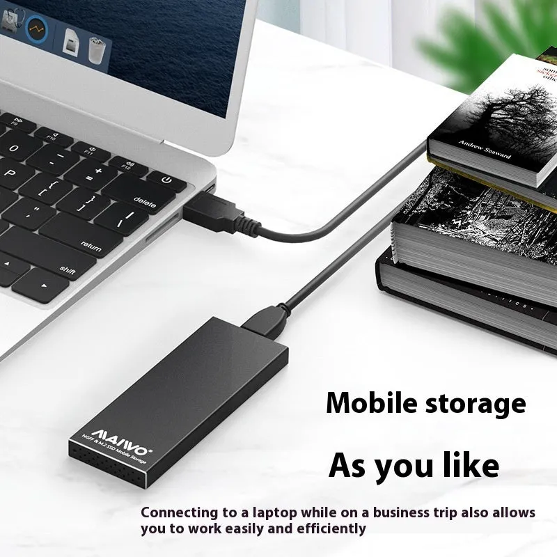 USB 3.0 M.2 SSD enclosure in aluminium alloy, black colour, on a table with USB cable