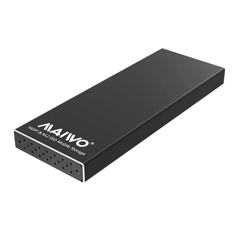 USB 3.0 M.2 SSD enclosure in aluminium alloy, black colour, on a table with USB cable