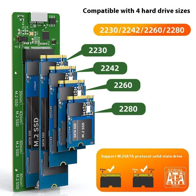 USB 3.0 M.2 SSD enclosure in aluminium alloy, black colour, on a table with USB cable