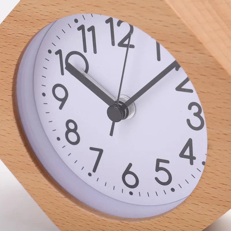 Nordic beech wood hexagonal luminous alarm clock with white face and wood shell