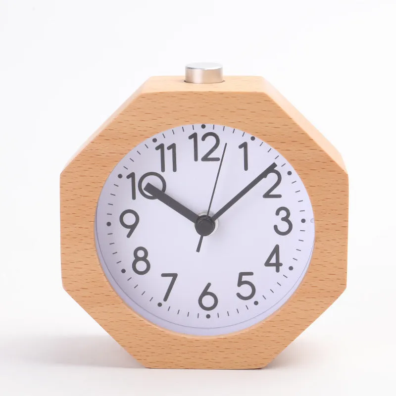 Nordic beech wood hexagonal luminous alarm clock with white face and wood shell