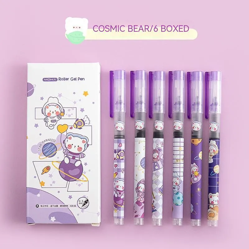 Box of six cute cartoon straight-liquid quick-drying gel pens with plastic shell and Marvel series designs