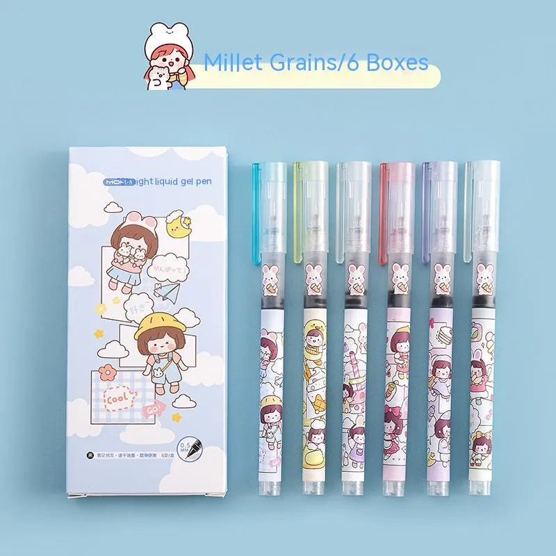 Box of six cute cartoon straight-liquid quick-drying gel pens with plastic shell and Marvel series designs
