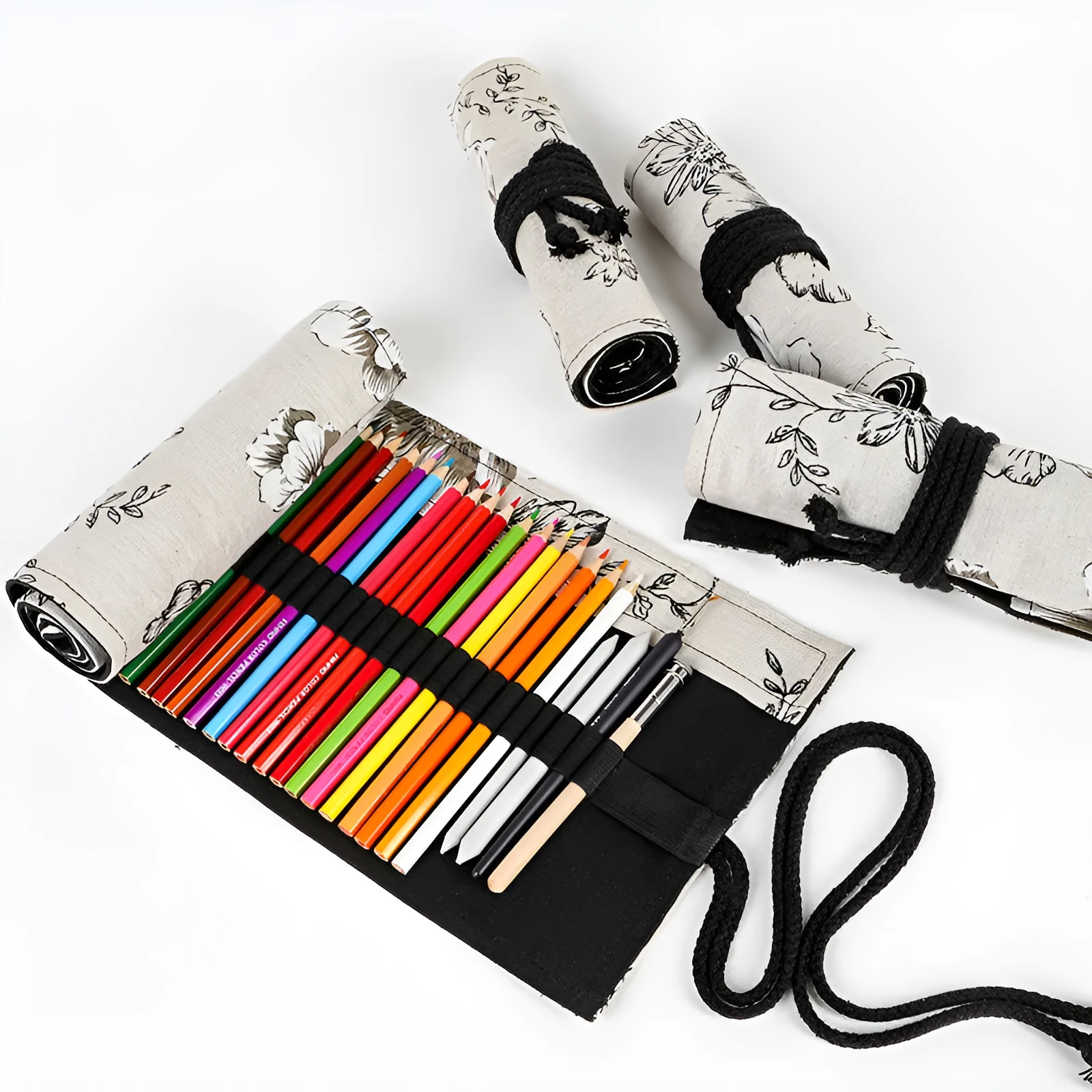 Japanese printed canvas rolling pencil case with Black Peony pattern, square shape, cotton and linen fabric, multiple hole sizes for pens
