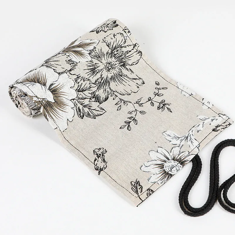 Japanese printed canvas rolling pencil case with Black Peony pattern, square shape, cotton and linen fabric, multiple hole sizes for pens