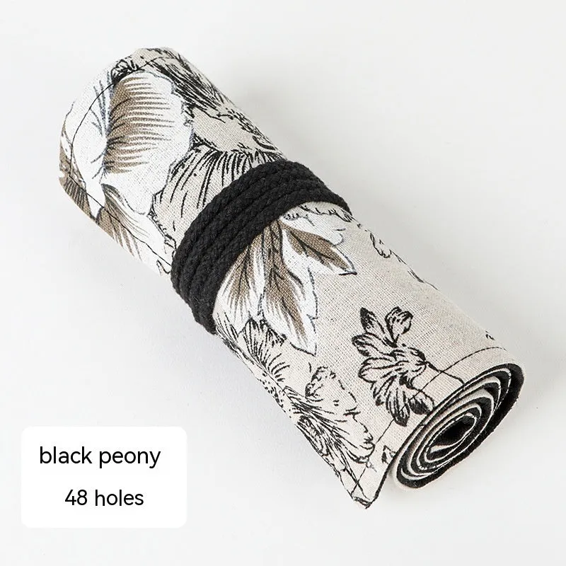 Japanese printed canvas rolling pencil case with Black Peony pattern, square shape, cotton and linen fabric, multiple hole sizes for pens