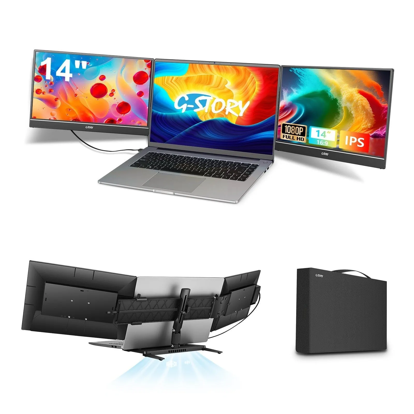 HD 14-inch dual screen LCD monitor with IPS panel in black, 1920x1080 resolution, USB connection