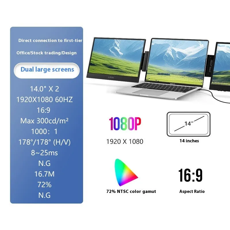 HD 14-inch dual screen LCD monitor with IPS panel in black, 1920x1080 resolution, USB connection