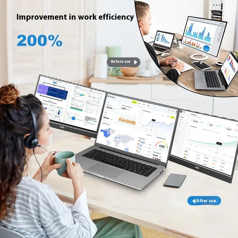 HD 14-inch dual screen LCD monitor with IPS panel in black, 1920x1080 resolution, USB connection