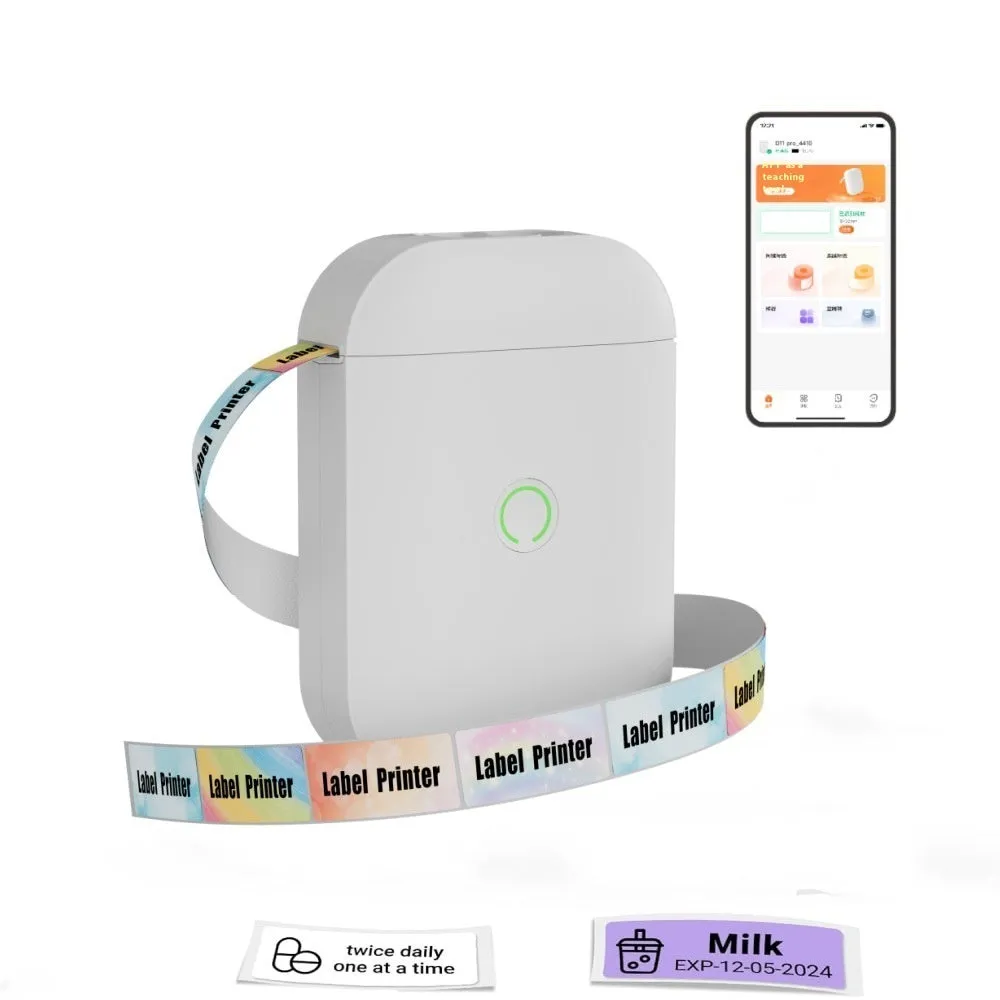 D11 AIYIN White portable Bluetooth thermal label printer with USB connectivity, dimensions 120x83x33mm