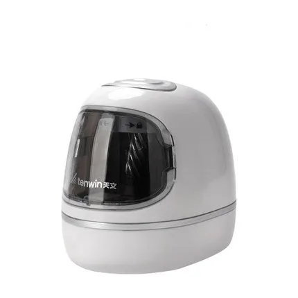 Creative electric pencil sharpener with three-speed control, geometric plastic body in white, 135x93x100mm