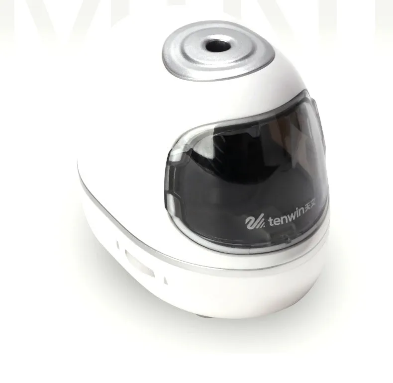 Creative electric pencil sharpener with three-speed control, geometric plastic body in white, 135x93x100mm