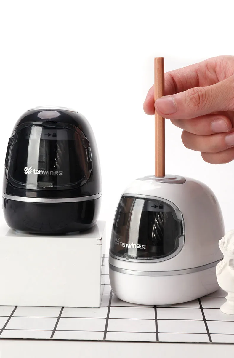 Creative electric pencil sharpener with three-speed control, geometric plastic body in white, 135x93x100mm