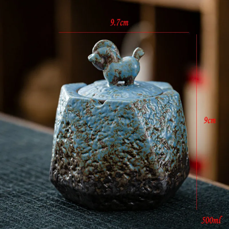 Stoneware gilt ceramic ashtray with cover, anti-fly ash, large retro Japanese style, black pottery pony colour