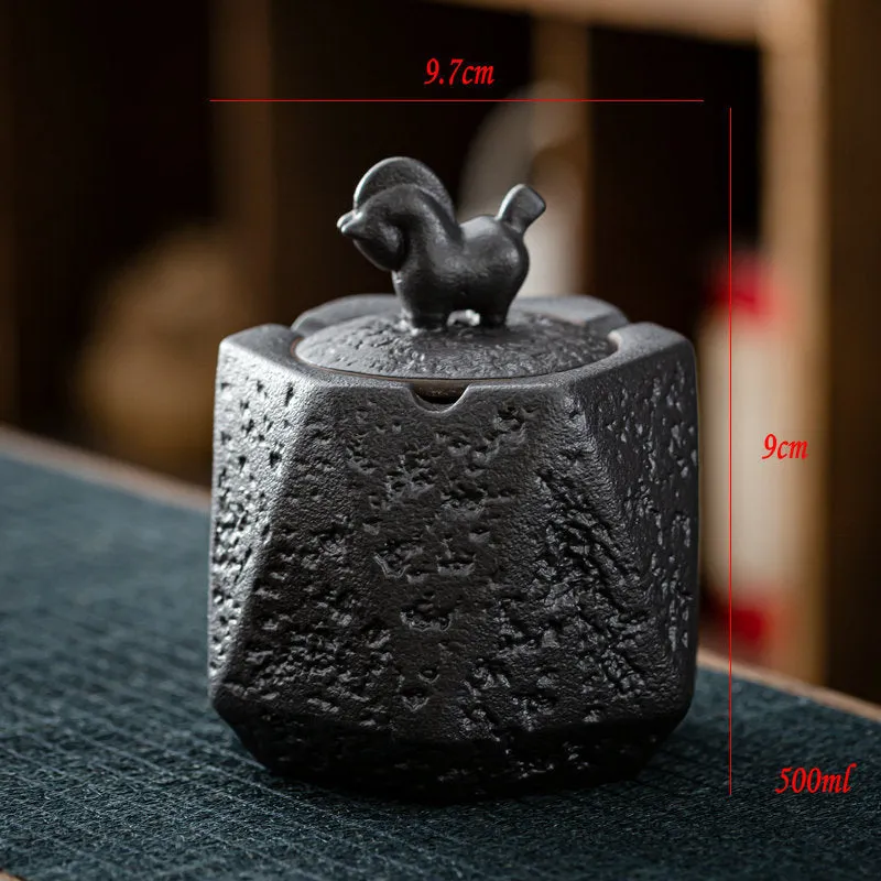 Stoneware gilt ceramic ashtray with cover, anti-fly ash, large retro Japanese style, black pottery pony colour