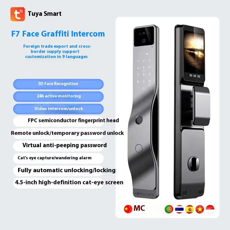 F7 aluminium alloy smart door lock with face recognition, fingerprint scanner, and keypad