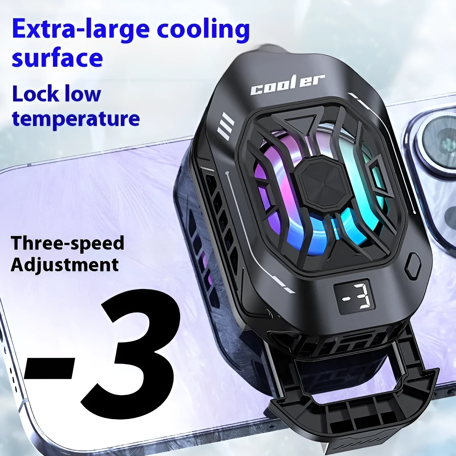 F25 standard edition black mobile phone radiator with Type-C cable, showing compact ABS body