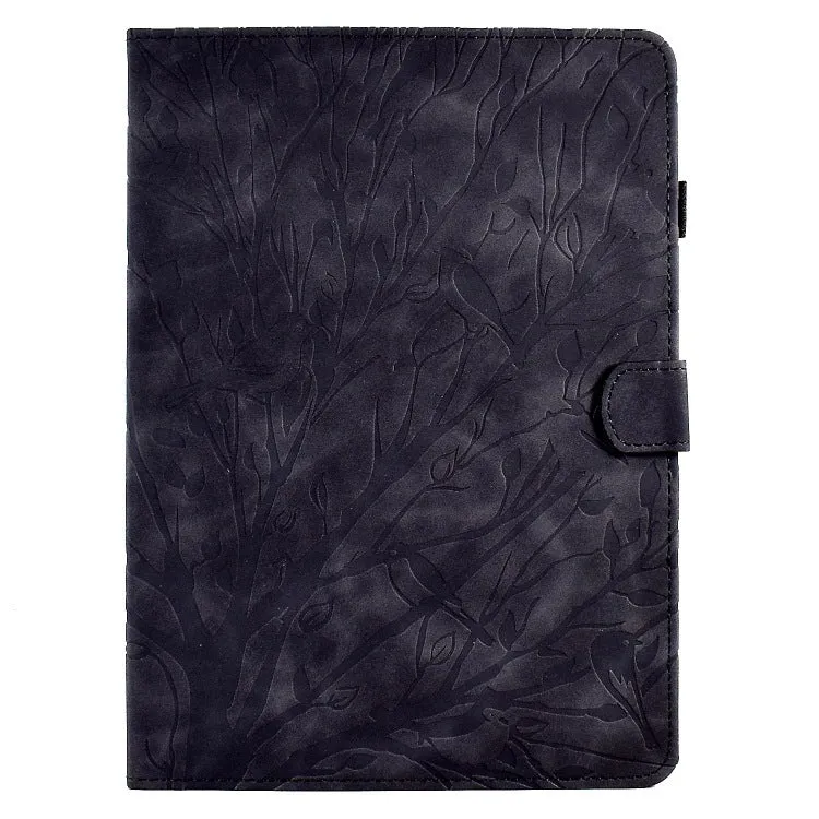 Imitation leather tablet protective case in black with a built-in viewing bracket, shown propped up.