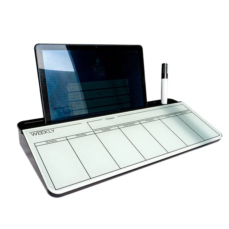 Table top glass whiteboard 18x40cm in black with marker on desk