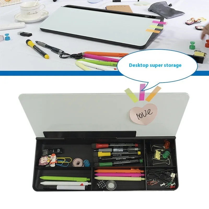 Table top glass whiteboard 18x40cm in black with marker on desk