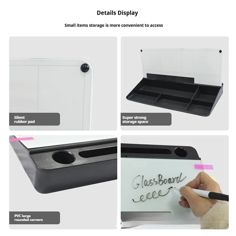 Table top glass whiteboard 18x40cm in black with marker on desk