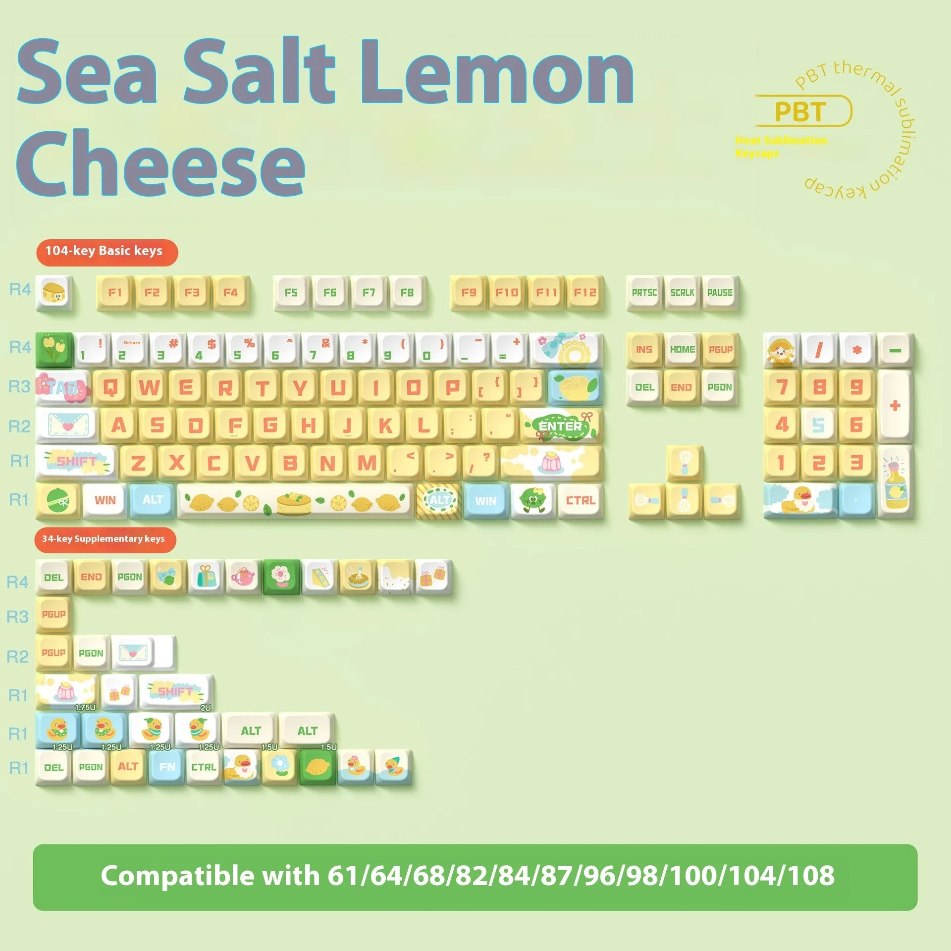 Custom PBT sublimation mechanical keyboard cap set in sea salt lemon cheese colour, 138 key or 158 key full set option