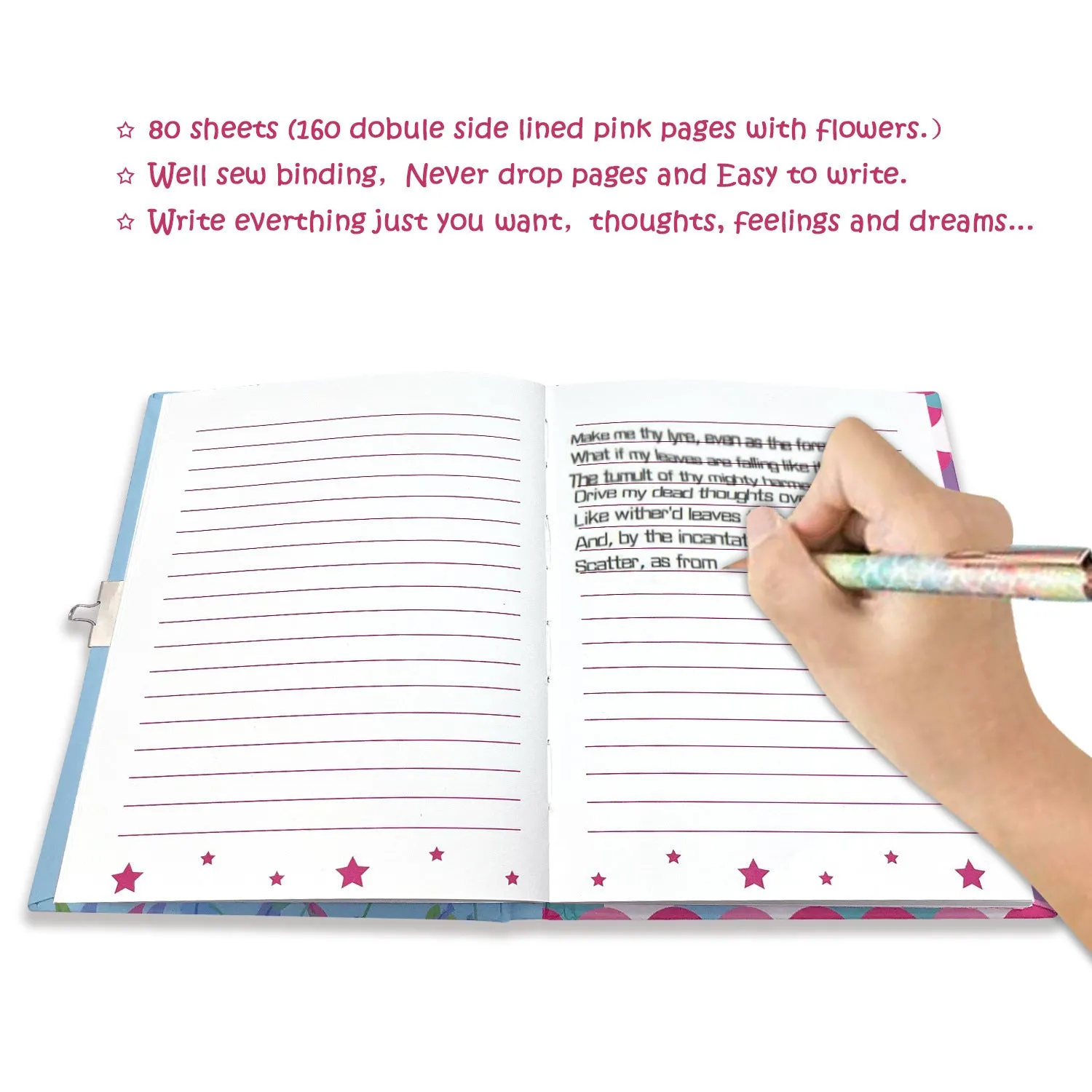 Children's mermaid printed notebook with lock, paper cover, 80 sheets, creative trend design