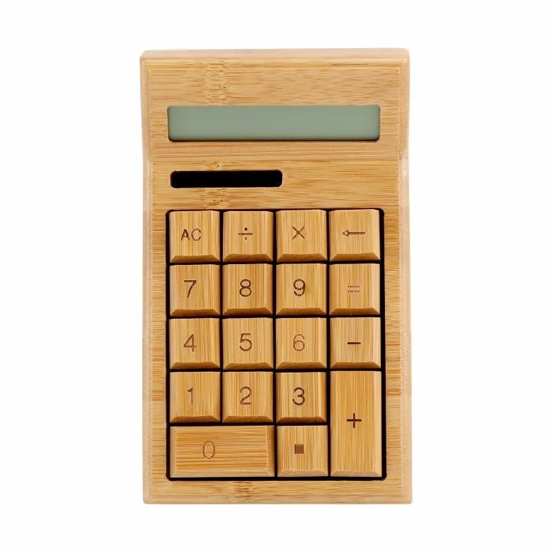 Solar-powered bamboo calculator in CS18 flat plate style on a desk, with solar panel visible