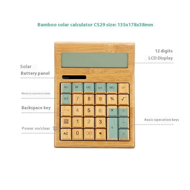 Solar-powered bamboo calculator in CS18 flat plate style on a desk, with solar panel visible