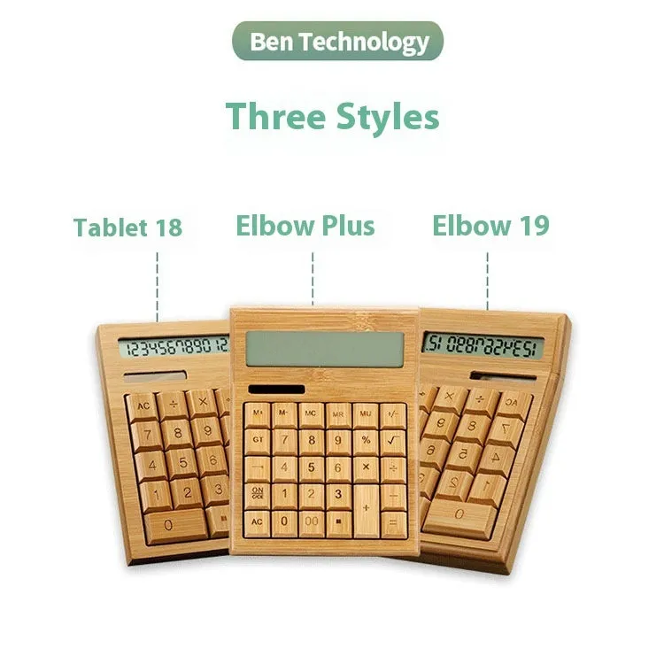 Solar-powered bamboo calculator in CS18 flat plate style on a desk, with solar panel visible