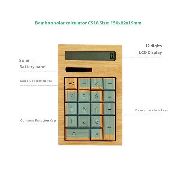 Solar-powered bamboo calculator in CS18 flat plate style on a desk, with solar panel visible