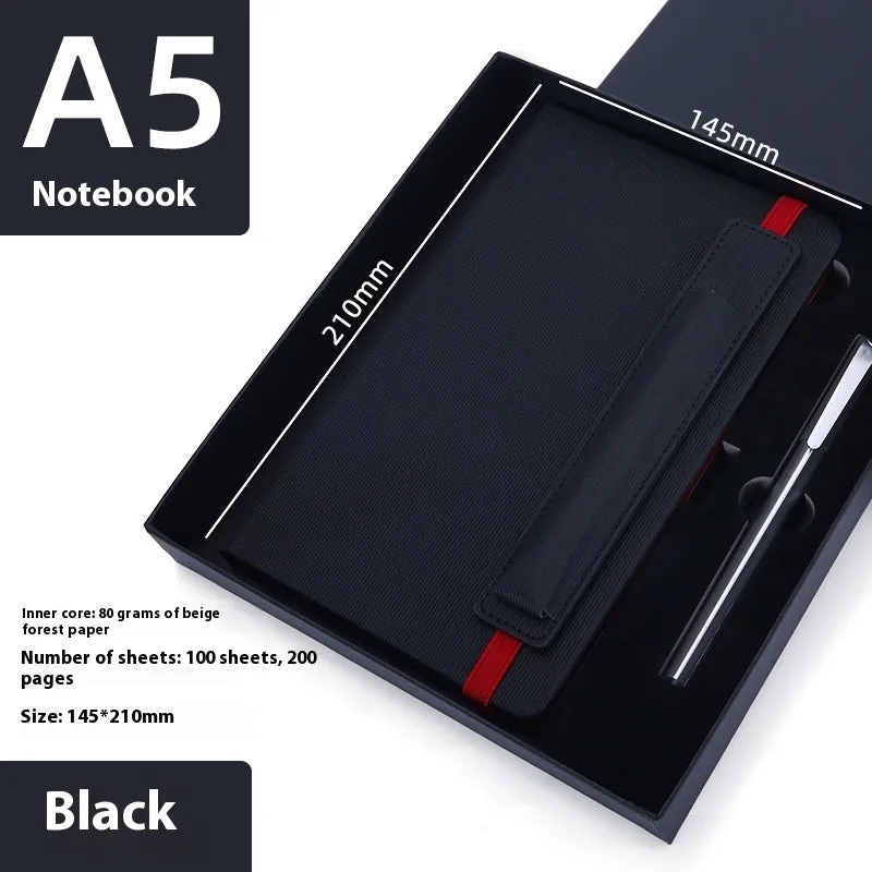 A5 faux leather notebook open with pen insert and strap, 200 pages, blue and black options