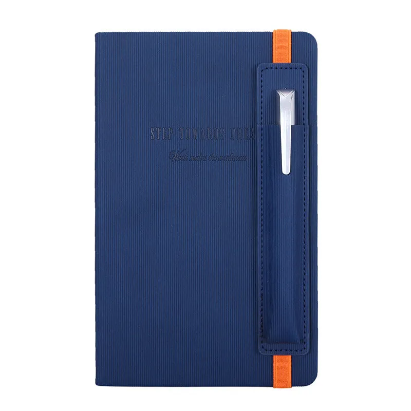 A5 faux leather notebook open with pen insert and strap, 200 pages, blue and black options