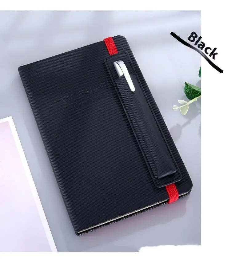 A5 faux leather notebook open with pen insert and strap, 200 pages, blue and black options