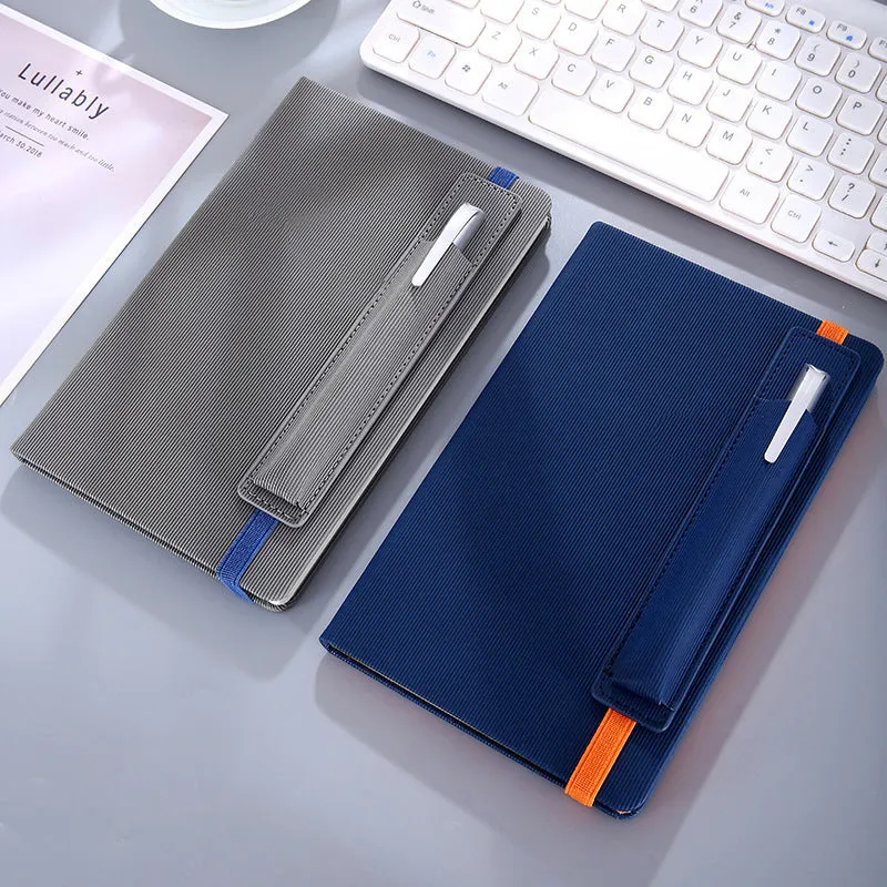 A5 faux leather notebook open with pen insert and strap, 200 pages, blue and black options