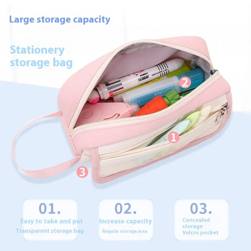 Large capacity Oxford fabric stationery bag in Korean style, pink colour, for students