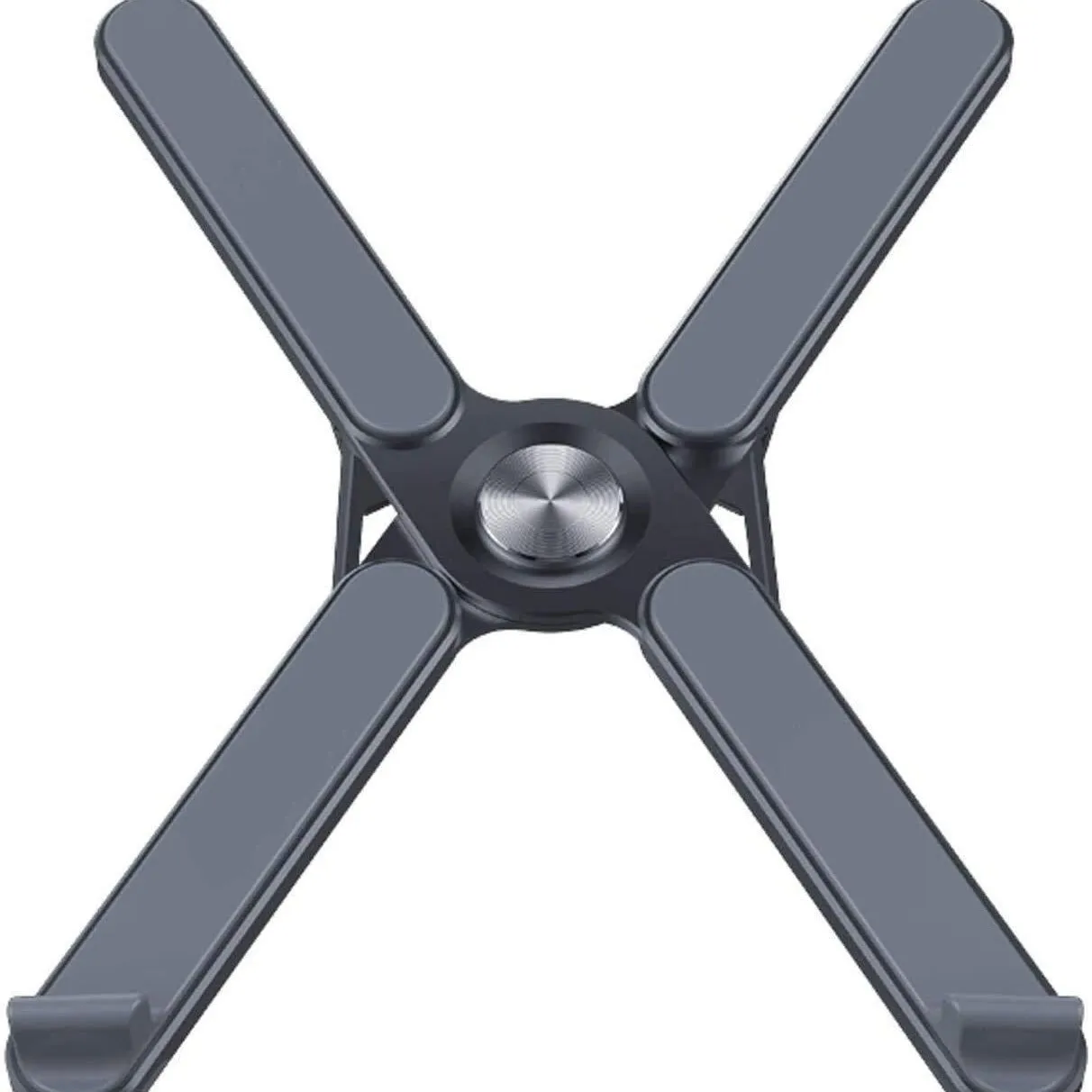 Foldable aluminium alloy laptop bracket in silver on a desk with notebook computer