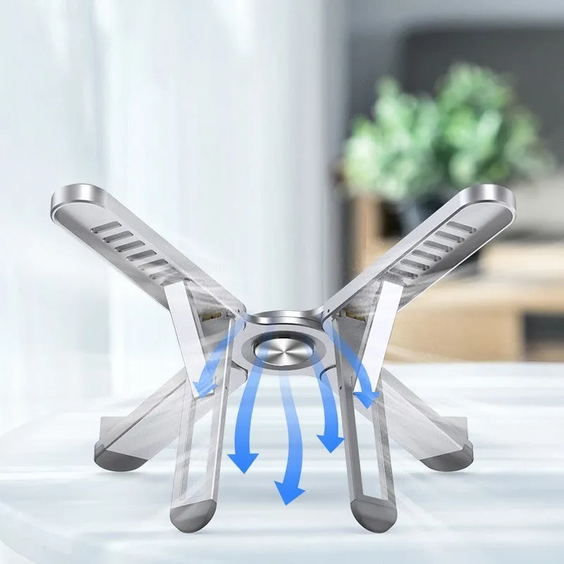 Foldable aluminium alloy laptop bracket in silver on a desk with notebook computer