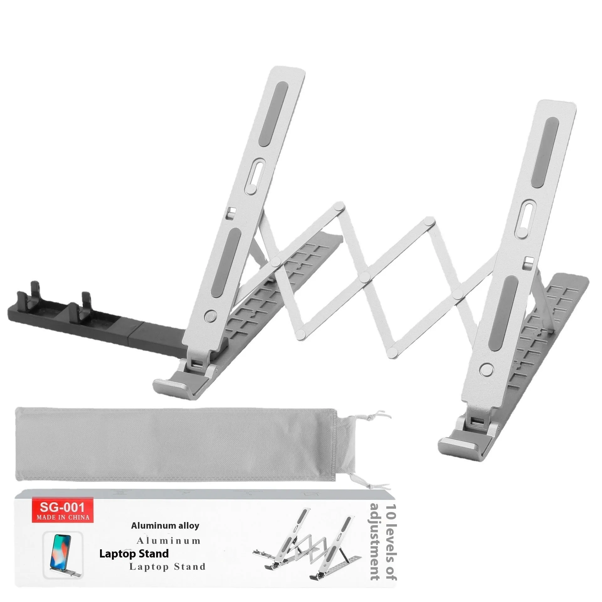 Three-fork aluminum alloy laptop heat dissipation bracket in silver, adjustable lifting style for desktop use