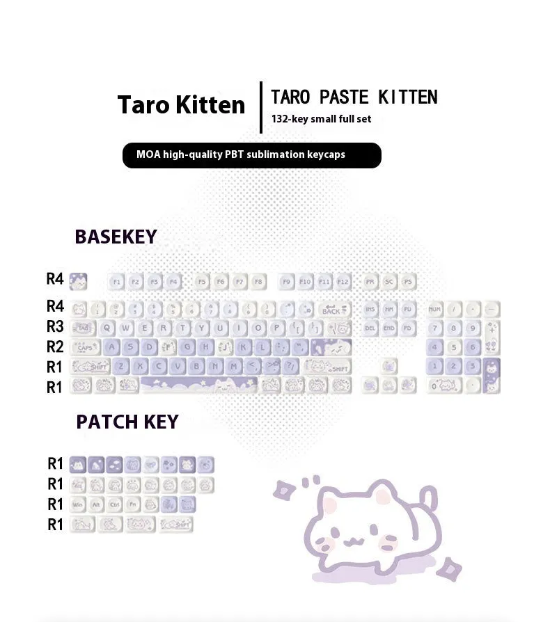 Sublimation PBT key cap set for Wooting keyboards, available in Taro Kitten Moa colour, with magnetic shaft adapter compatibility