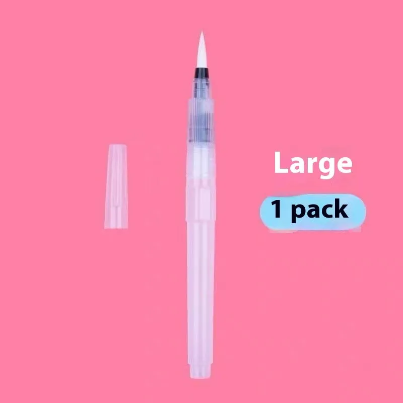 Six-piece watercolor pen set with pointed and flat tips in assorted sizes, plastic body