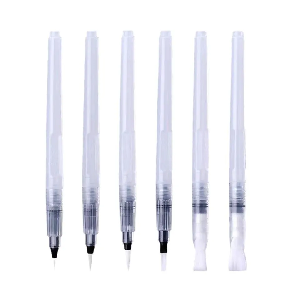 Six-piece watercolor pen set with pointed and flat tips in assorted sizes, plastic body