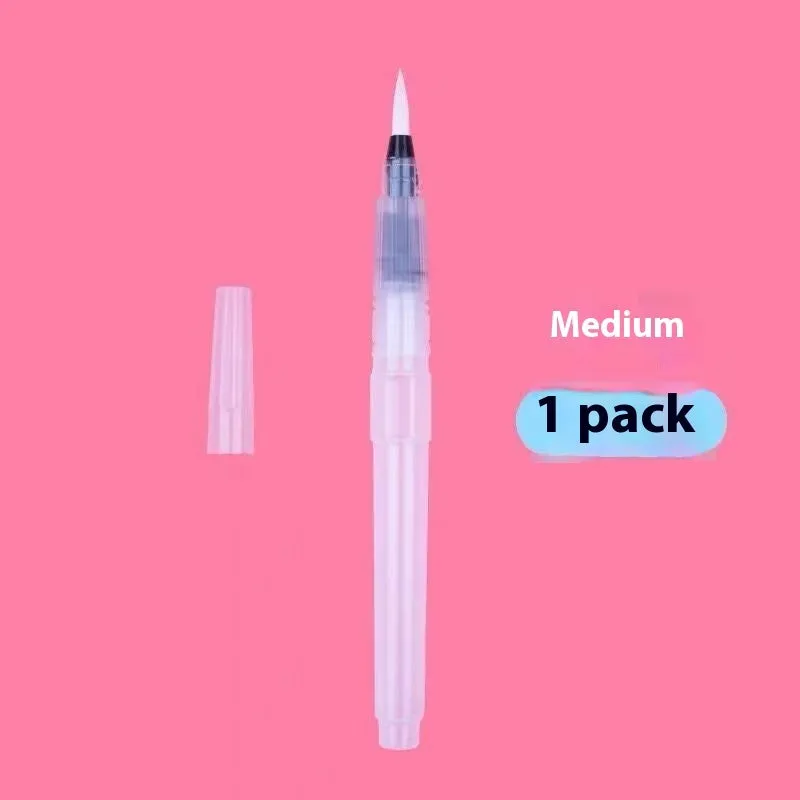 Six-piece watercolor pen set with pointed and flat tips in assorted sizes, plastic body