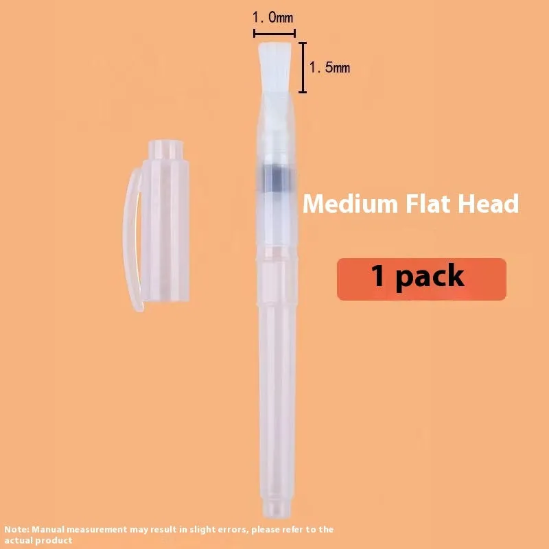 Six-piece watercolor pen set with pointed and flat tips in assorted sizes, plastic body