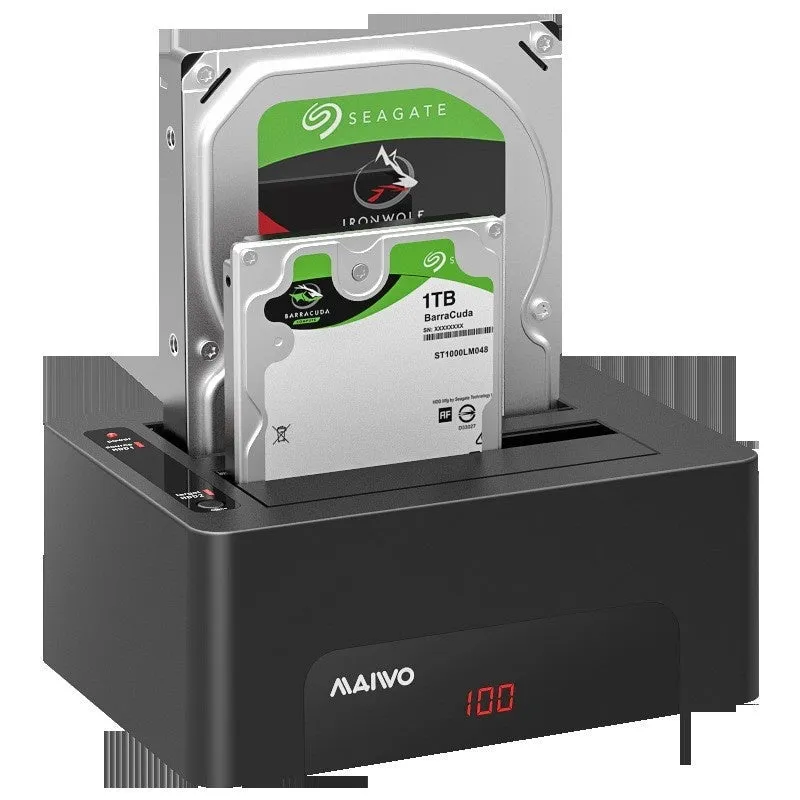 Hard disk dock dual-disk SATA copier with two drive bays in black ABS plastic housing